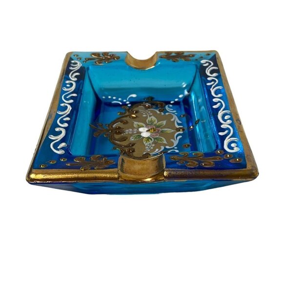 Italian Glass Ashtray Ornate Blue Gold Floral Made in Italy Vintage - Picture 10 of 11